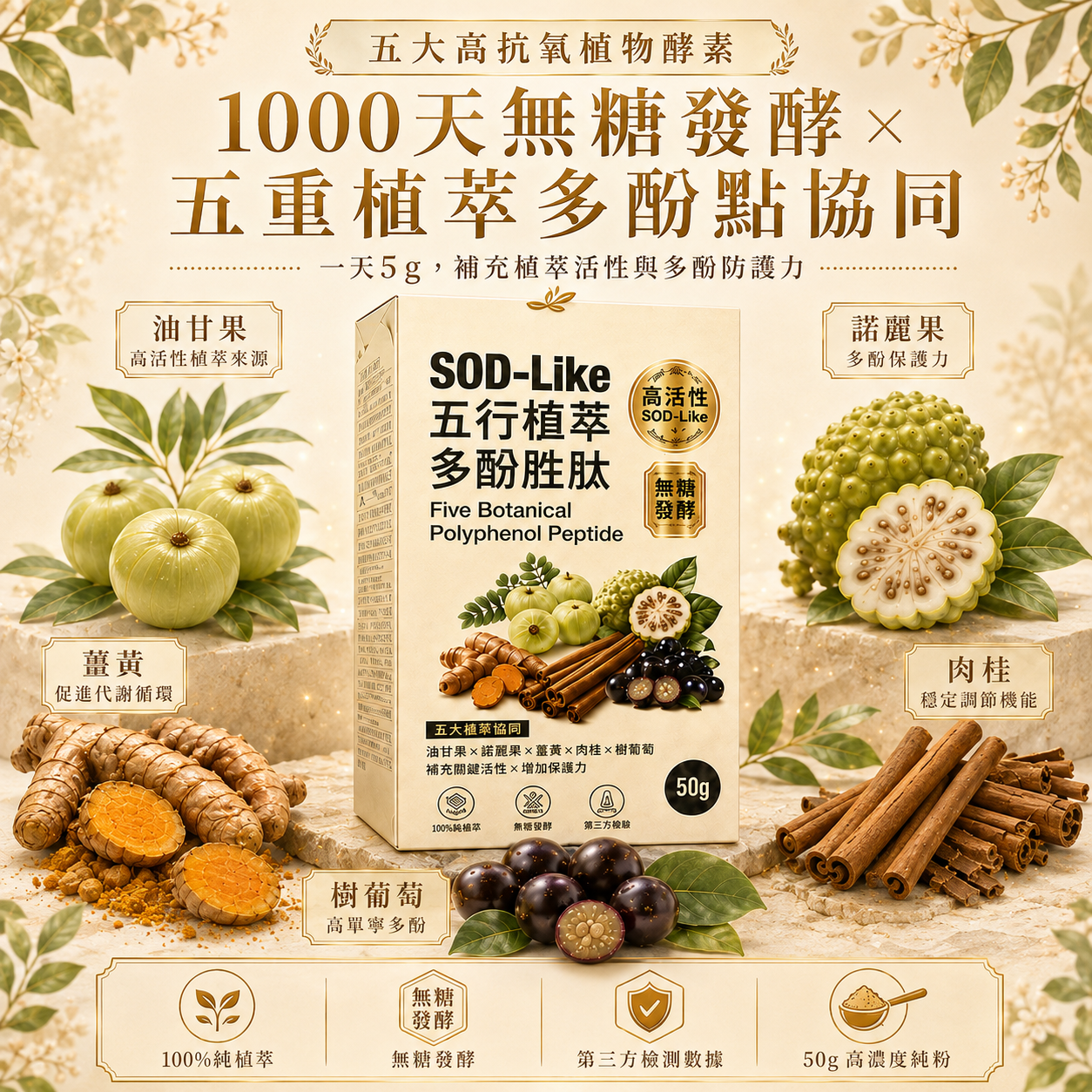 五大高抗氧植物酵素、1000天無糖發酵與五重植萃多酚協同產品圖